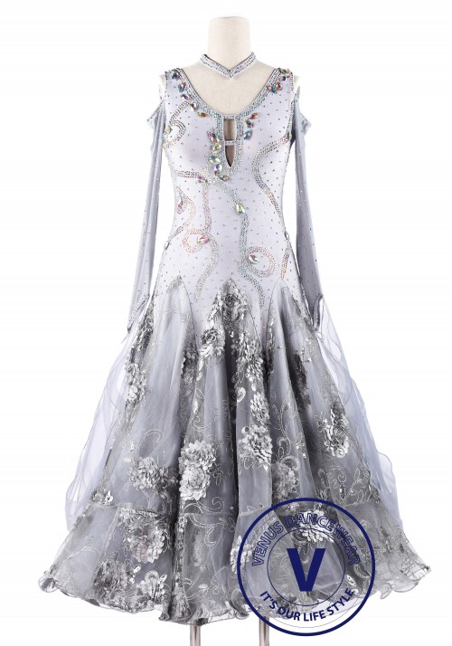 Silver Embroidery Foxtrot Waltz Standard Competition Dance Dress