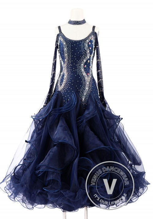 Navy Blue Foxtrot Waltz Standard Competition Dance Dress
