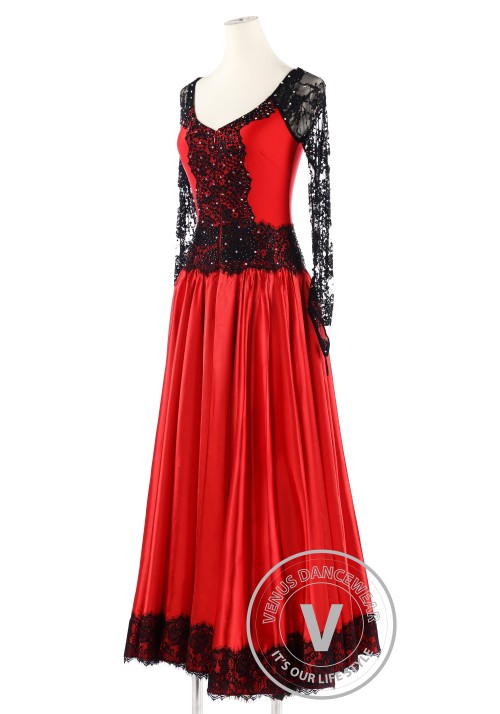 Red Black Lace Competition Smooth Waltz Dance Dress