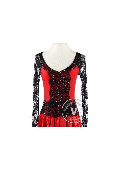 Red Black Lace Competition Smooth Waltz Dance Dress