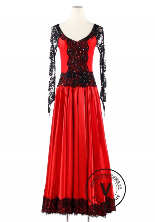 Red Black Lace Competition Smooth Waltz Dance Dress