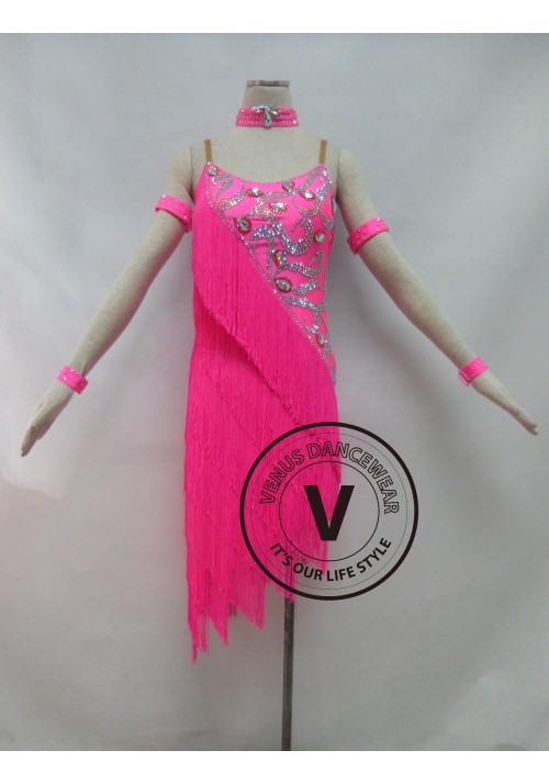 Pink Fringe Competition Rhythm Latin Dancing Dress