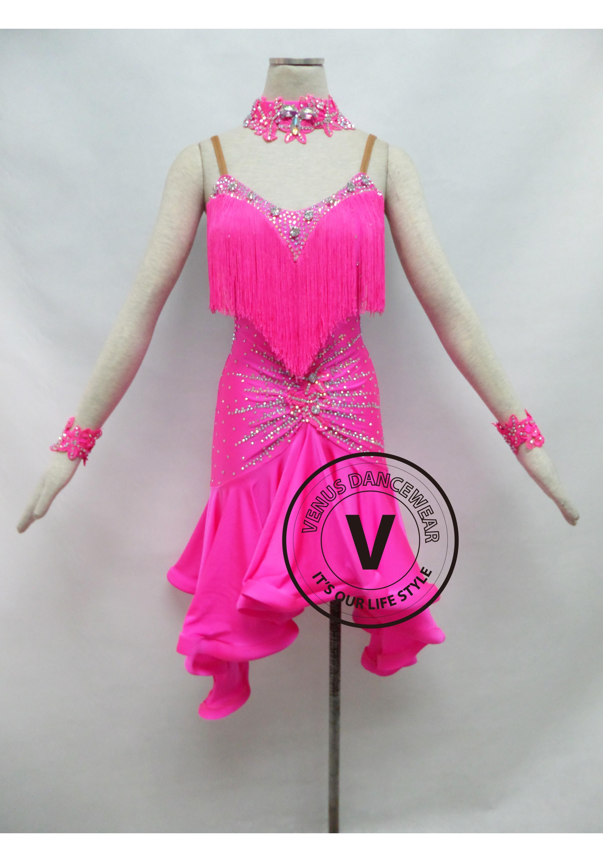 Pink Fringe Competition Latin Rhythm Dancing Dress