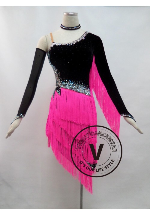 Pink Velvet Fringe Competition Latin Rhythm Dancing Dress