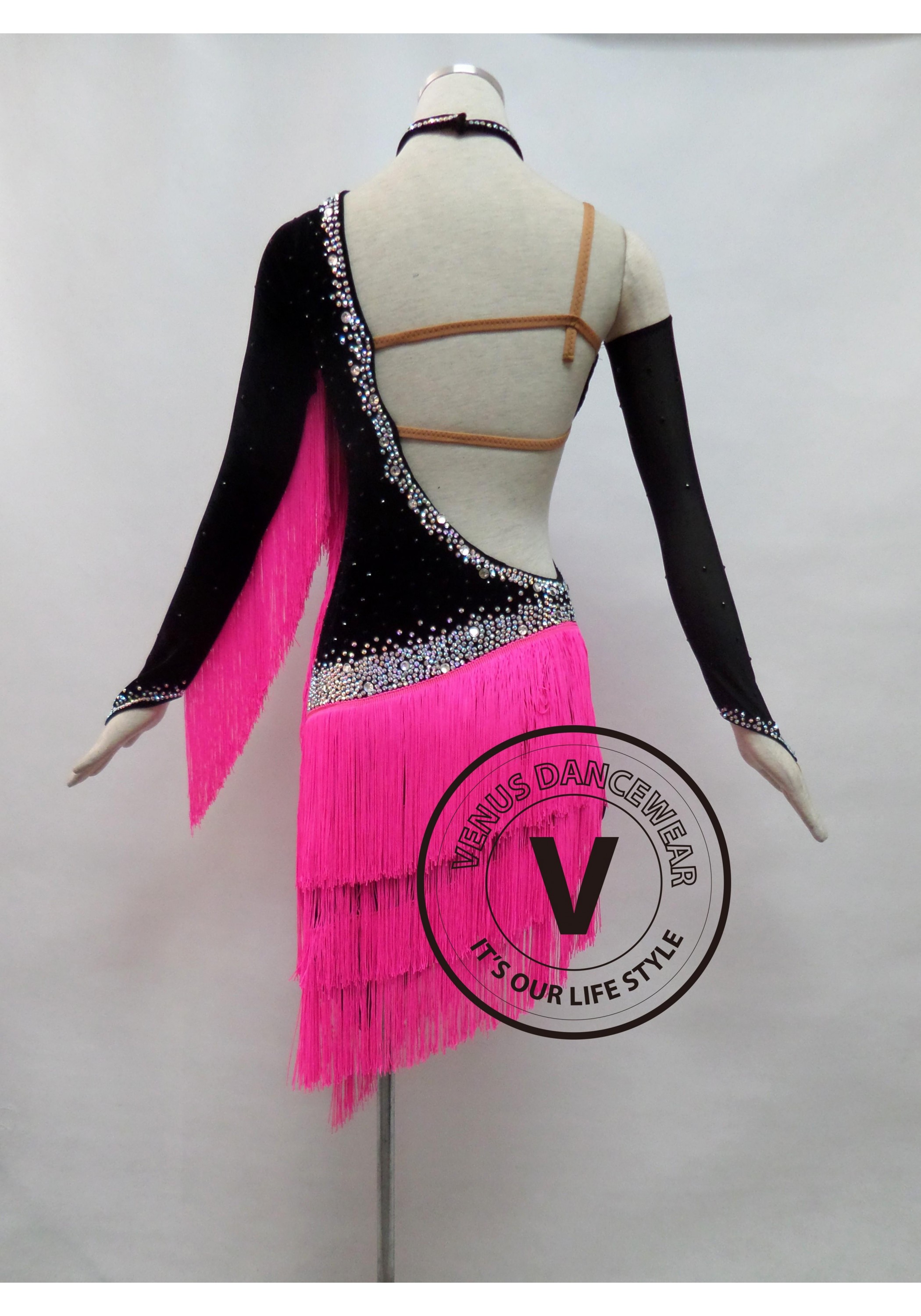 Pink Velvet Fringe Competition Latin Rhythm Dancing Dress