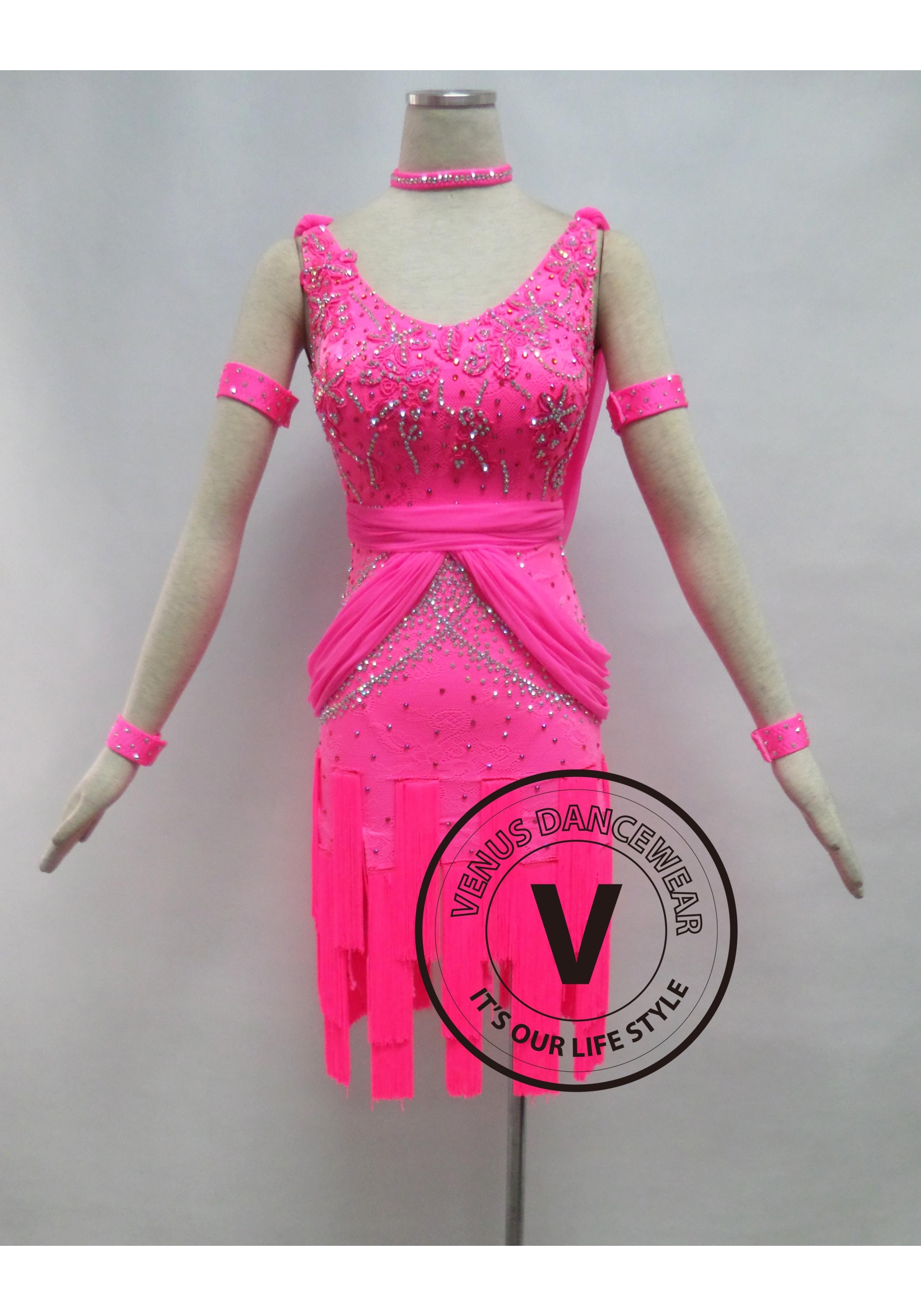 Pink Fringe Latin Rhythm Dancing Competition Dress