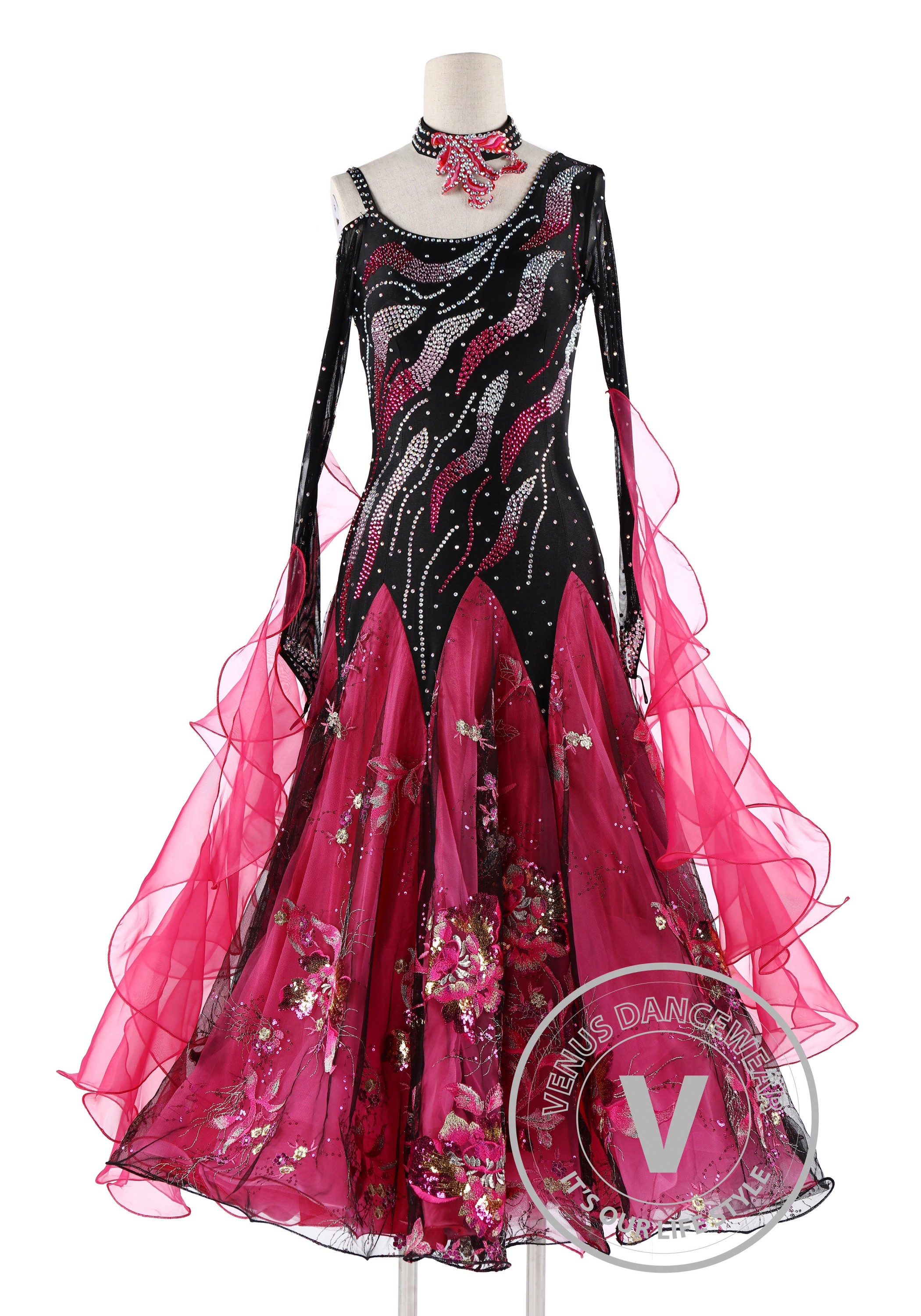 Black and Rose Standard Competition Ballroom Dance Dress