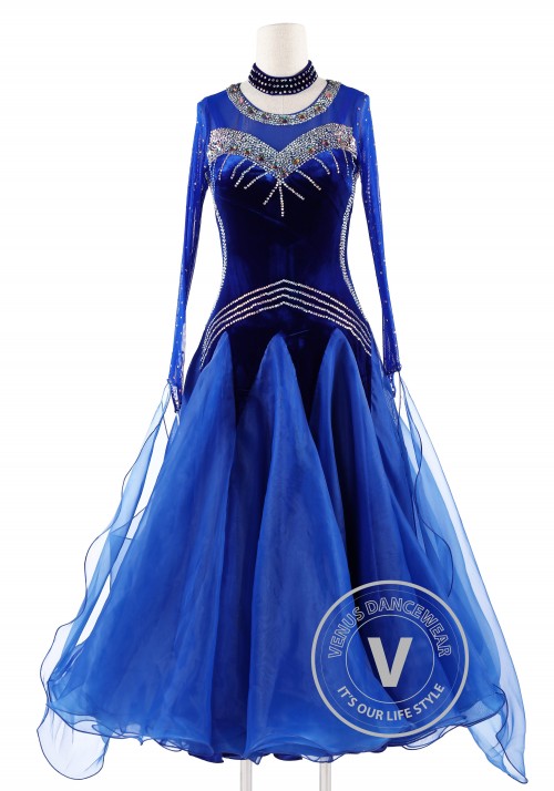 Elegant Dark Blue Velvet Ballroom Competition Dance Dress
