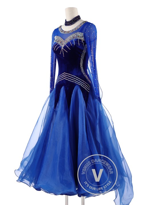 Elegant Dark Blue Velvet Ballroom Competition Dance Dress