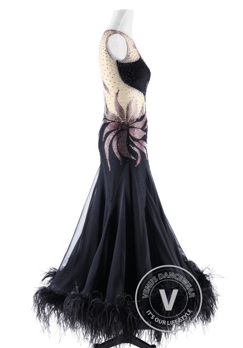 Gorgeous Black Feather Ballroom Smooth Competition Dance Dress