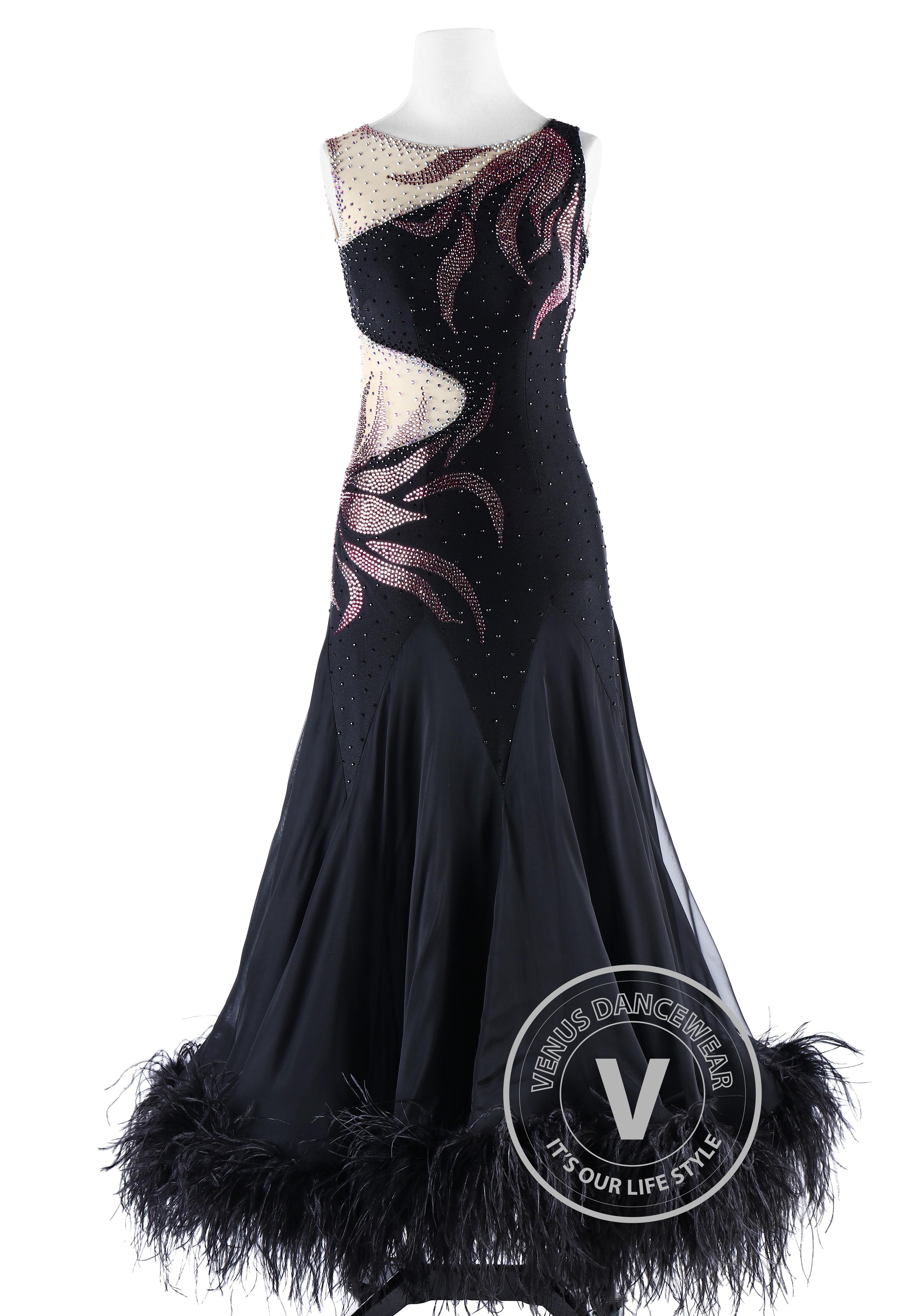 Black Gold Shading Silk with Ostrich Feather Ballroom Smooth Competition  Dance Dress