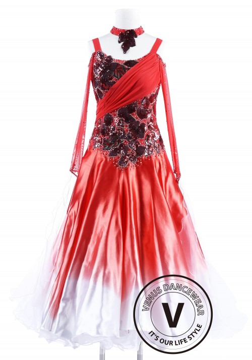 Red Poppy with White Edge Waltz Quickstep Competition Dancing Dress