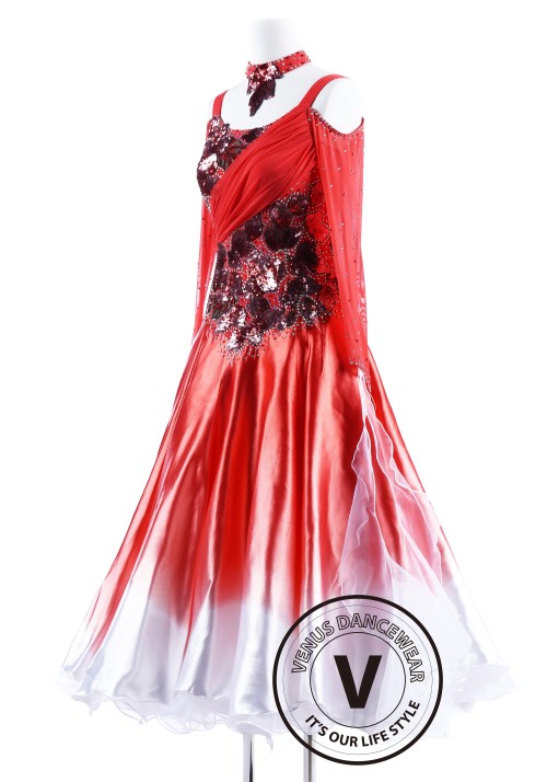 Red Poppy with White Edge Waltz Quickstep Competition Dancing Dress