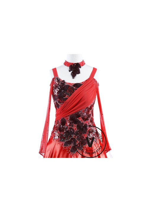 Red Poppy with White Edge Waltz Quickstep Competition Dancing Dress