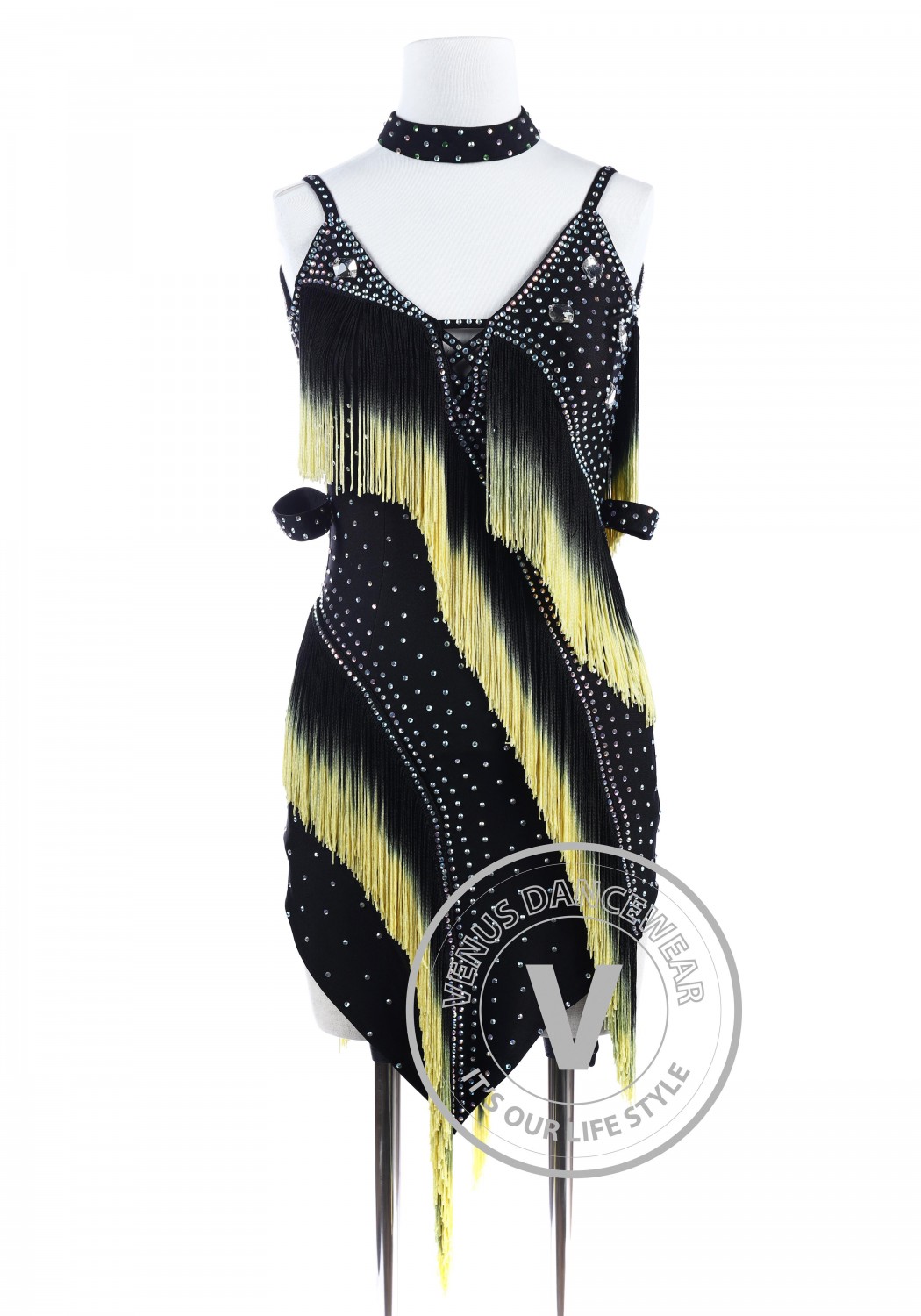 Black Yellow Edge Fringe Tango Latin Rhythm Competition Dress