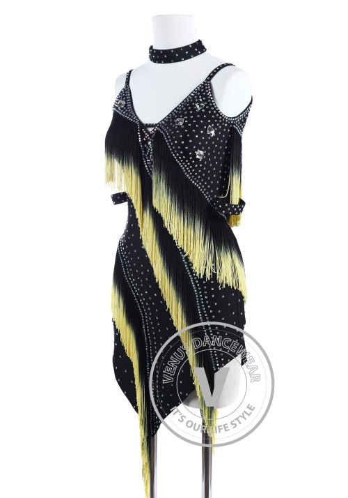 Black Yellow Edge Fringe Tango Latin Rhythm Competition Dress