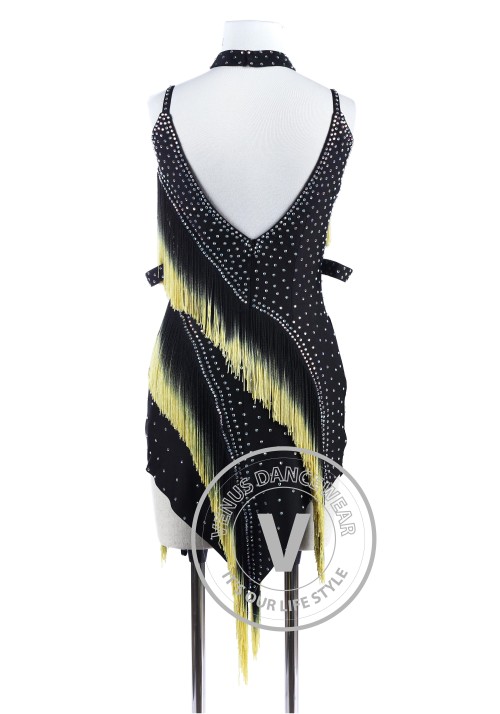 Black Yellow Edge Fringe Tango Latin Rhythm Competition Dress