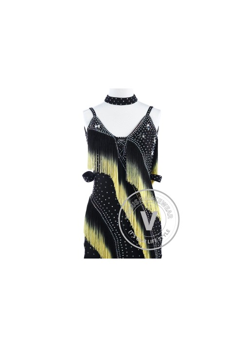 Black Yellow Edge Fringe Tango Latin Rhythm Competition Dress