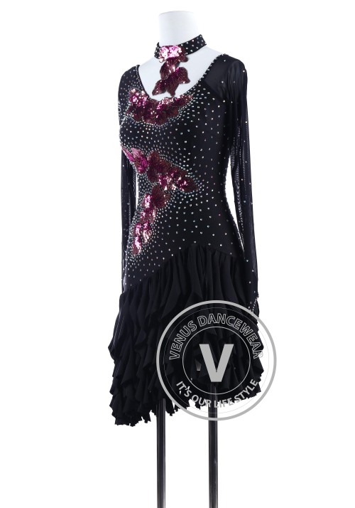 Black Sequin Applique Tango Latin Rhythm Competition Dress