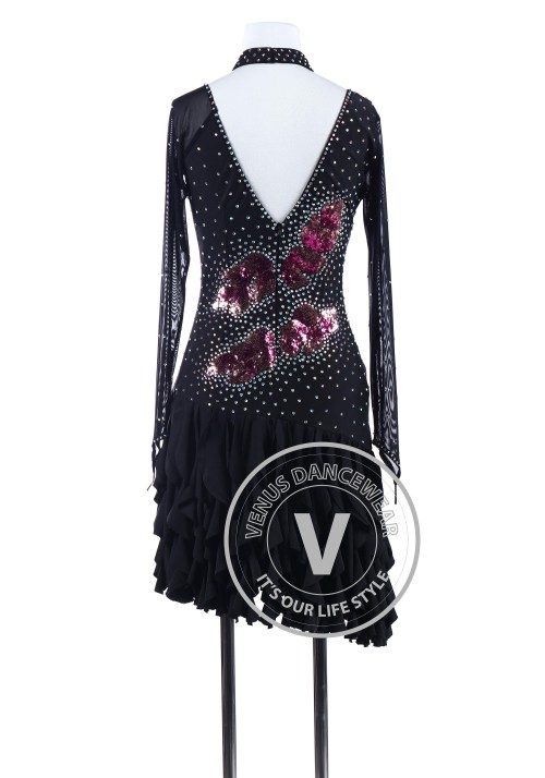 Black Sequin Applique Tango Latin Rhythm Competition Dress