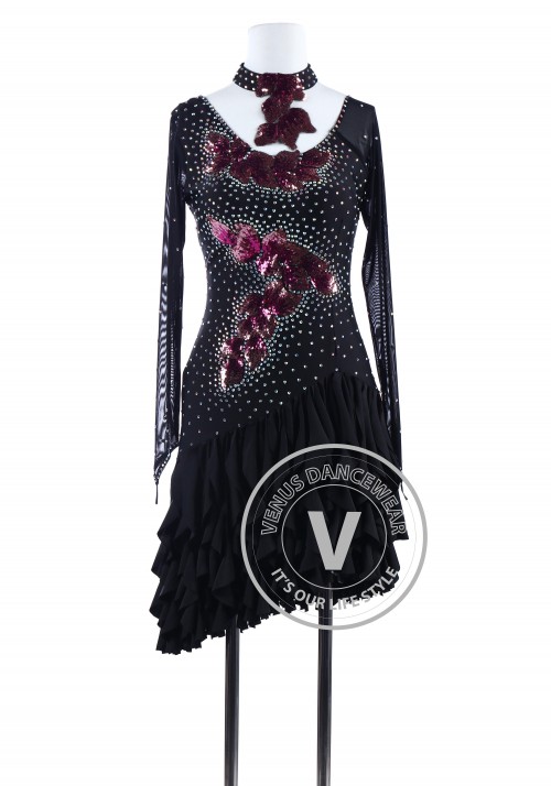 Black Sequin Applique Tango Latin Rhythm Competition Dress