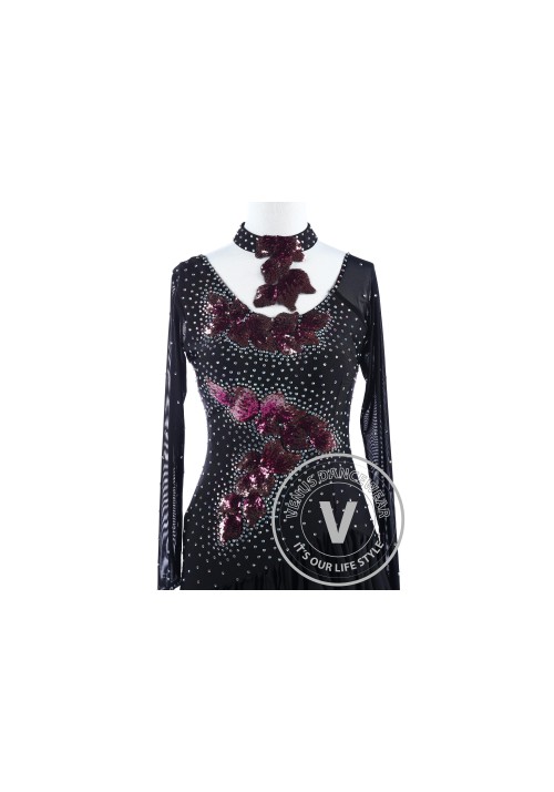 Black Sequin Applique Tango Latin Rhythm Competition Dress