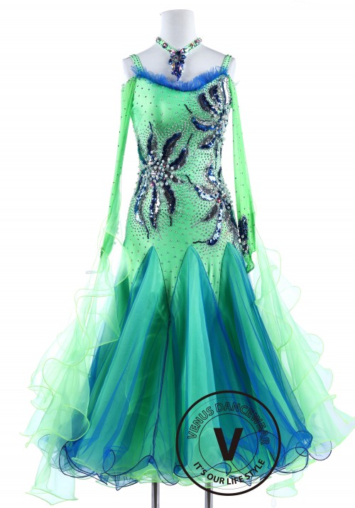Blue and Green Sequin Pearl flower Standard Foxtrot Waltz Quickstep Dress