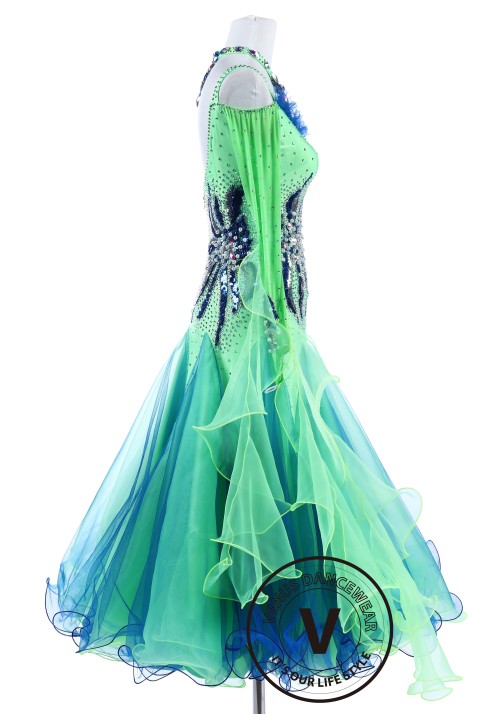 Blue and Green Sequin Pearl flower Standard Foxtrot Waltz Quickstep Dress