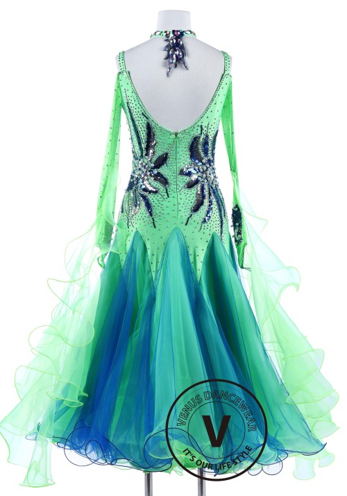 Blue and Green Sequin Pearl flower Standard Foxtrot Waltz Quickstep Dress