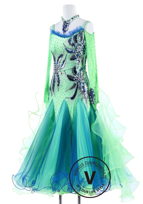 Blue and Green Sequin Pearl flower Standard Foxtrot Waltz Quickstep Dress