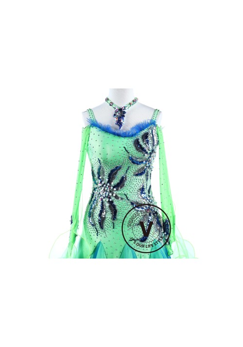 Blue and Green Sequin Pearl flower Standard Foxtrot Waltz Quickstep Dress