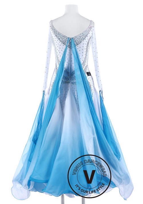 White and Blue Gradational Ballroom Competition Standard Waltz Smooth Foxtrot Women Dance Dress Collection