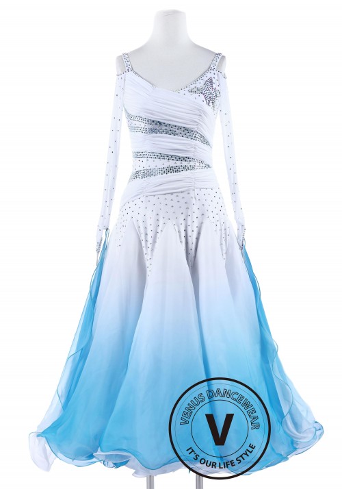 White and Blue Gradational Ballroom Competition Standard Waltz Smooth Foxtrot Women Dance Dress Collection
