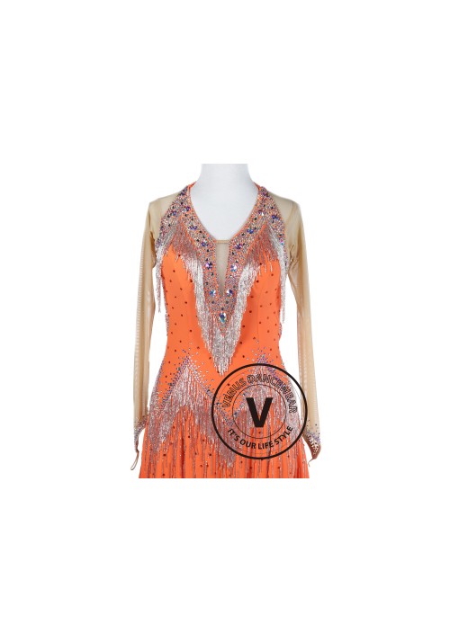 Orange Hand-sewn Tango Salsa Latin Rhythm Competition Dress