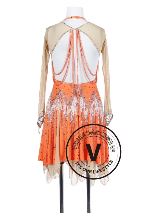 Orange Hand-sewn Tango Salsa Latin Rhythm Competition Dress