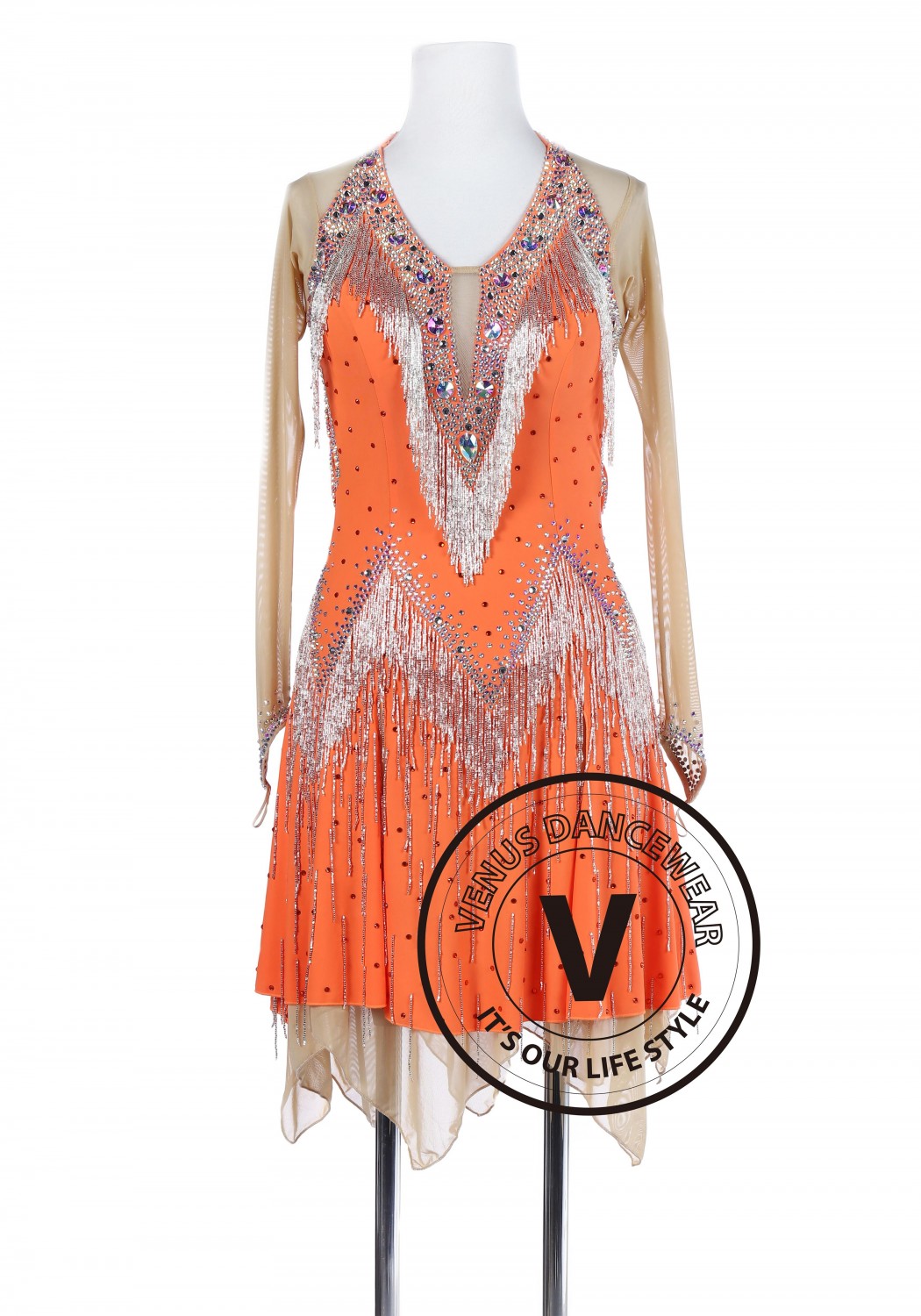 Orange Hand-sewn Tango Salsa Latin Rhythm Competition Dress