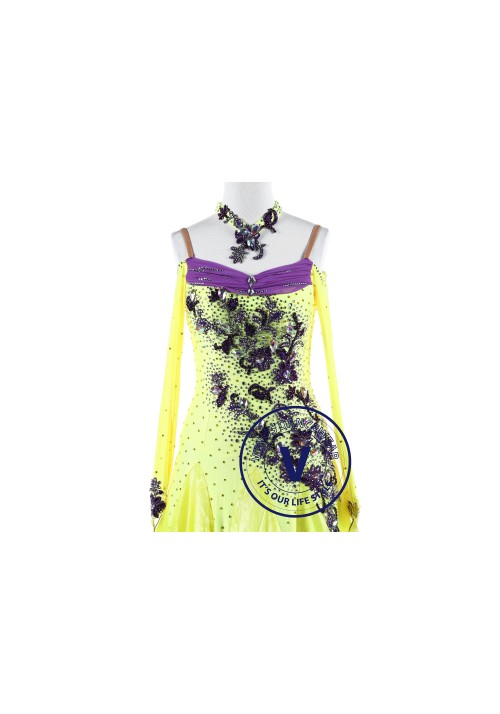 Yellow with Plum Flower Standard Foxtrot Waltz Quickstep Dress