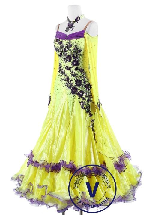 Yellow with Plum Flower Standard Foxtrot Waltz Quickstep Dress