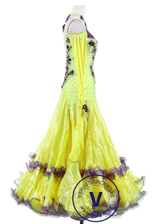 Yellow with Plum Flower Standard Foxtrot Waltz Quickstep Dress