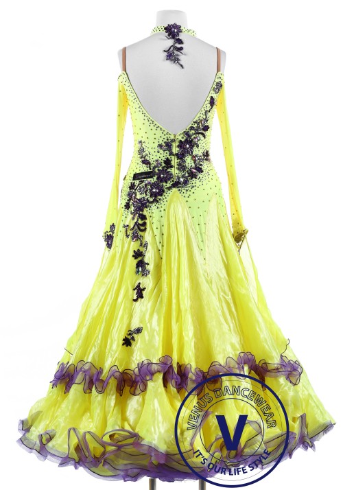 Yellow with Plum Flower Standard Foxtrot Waltz Quickstep Dress