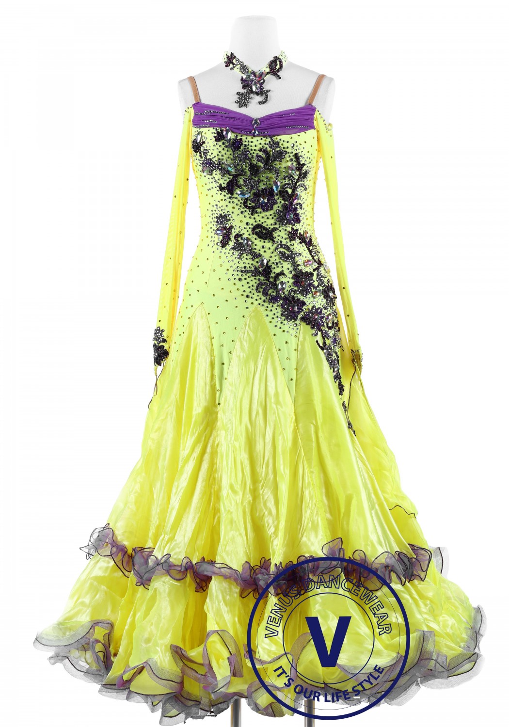 Yellow with Plum Flower Standard Foxtrot Waltz Quickstep Dress