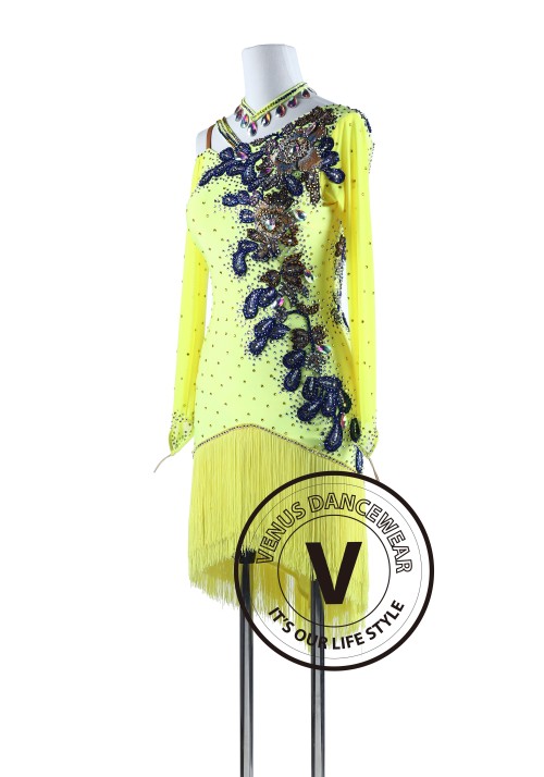 Yellow Fringe Tango Salsa Latin Rhythm Competition Dress