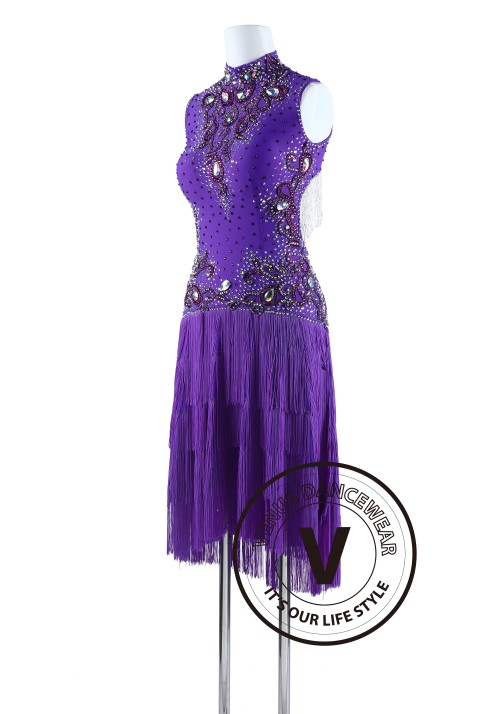 Purple Fringe and Bead Cube Tango Salsa Latin Rhythm Dress