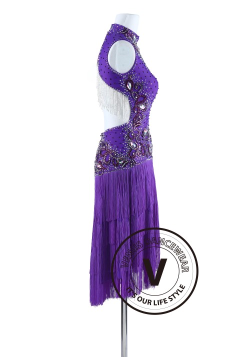 Purple Fringe and Bead Cube Tango Salsa Latin Rhythm Dress