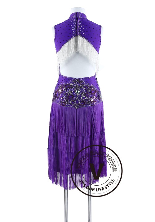 Purple Fringe and Bead Cube Tango Salsa Latin Rhythm Dress