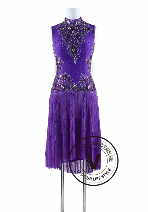 Purple Fringe and Bead Cube Tango Salsa Latin Rhythm Dress