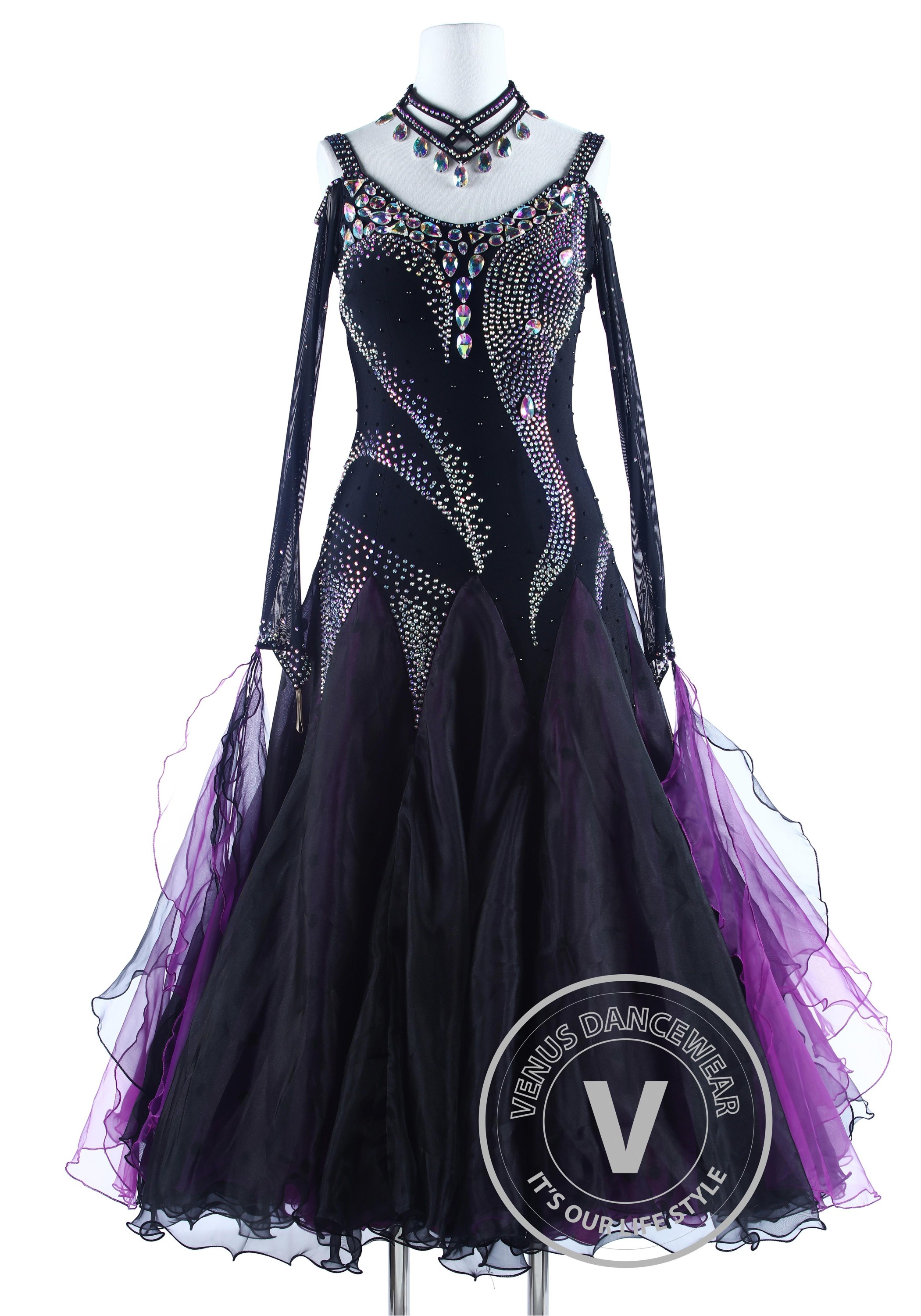 Purple Black Luxury Foxtrot Waltz Quickstep Competition Dress