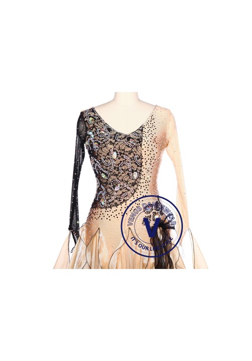 Black Lace Almond Waltz Standard Tango Smooth Ballroom Competition Dance Dress