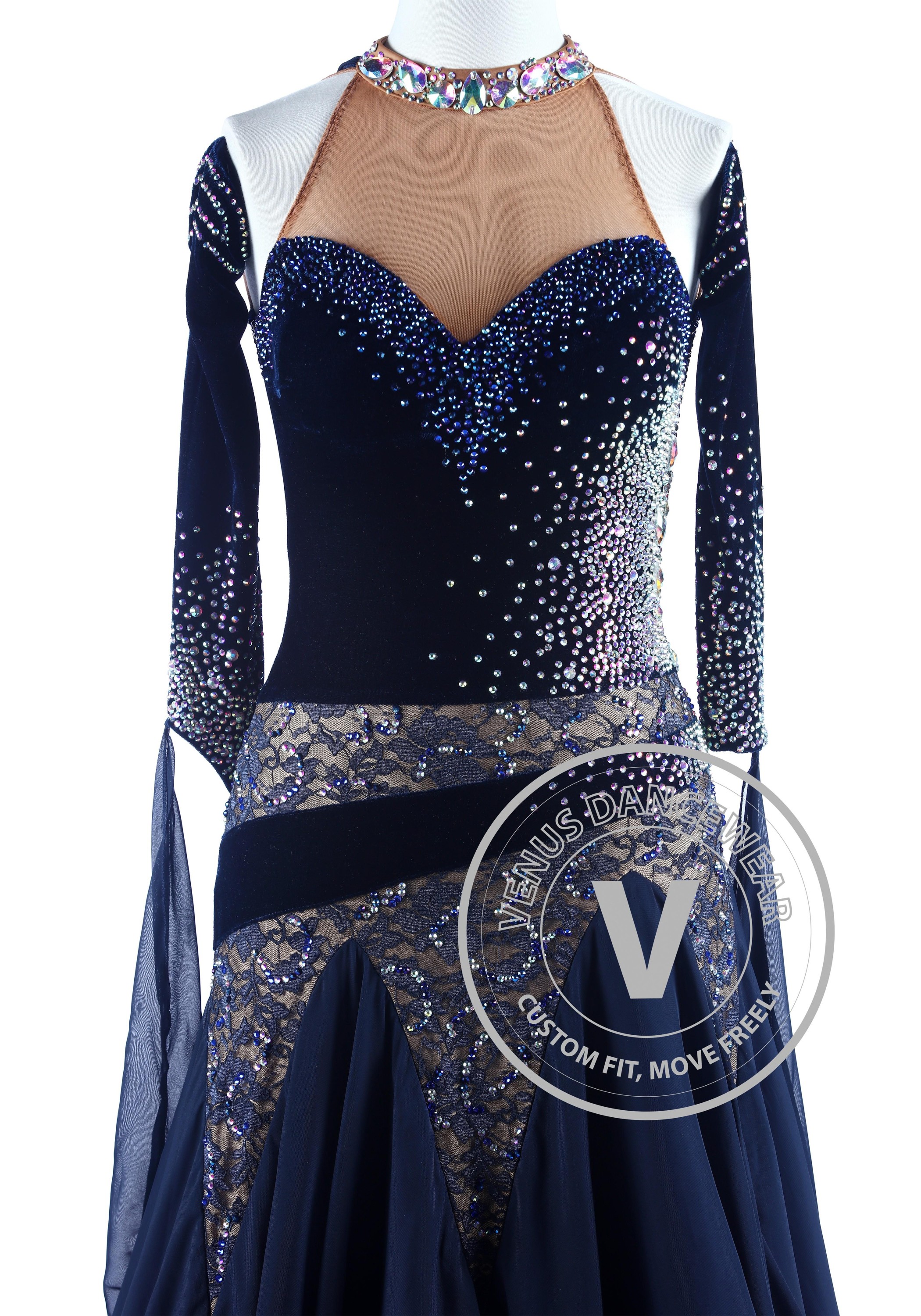 Navy Blue Velvet and Lace Waltz Quickstep Competition Dress