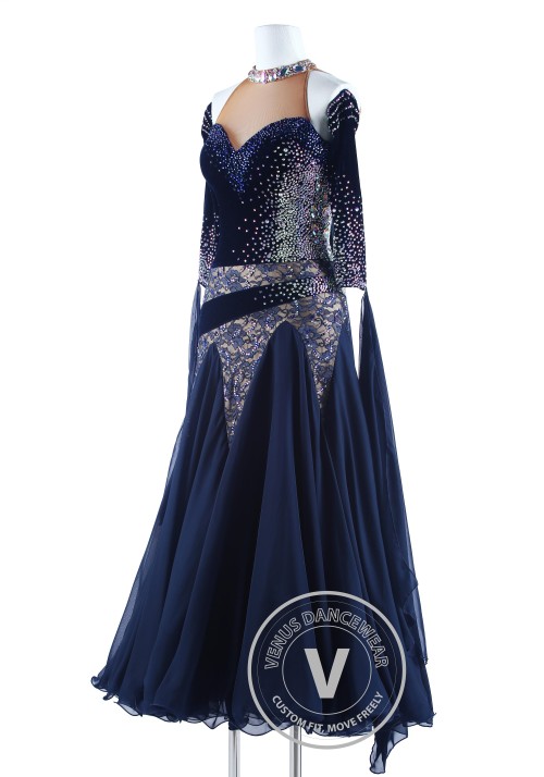 Navy Blue Velvet and Lace Waltz Quickstep Competition Dress